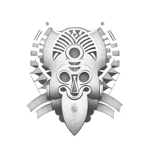African tribal mask surrounded by musical notes tattoo design idea
