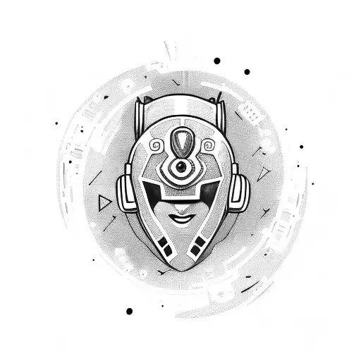 African mask edo with space elements and wearing headphones tattoo design idea