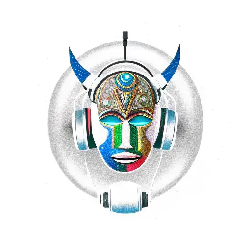 African mask with space elements and wearing headphones tattoo design idea