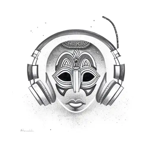 African mask edo nigeria with planets starring headphones tattoo design idea