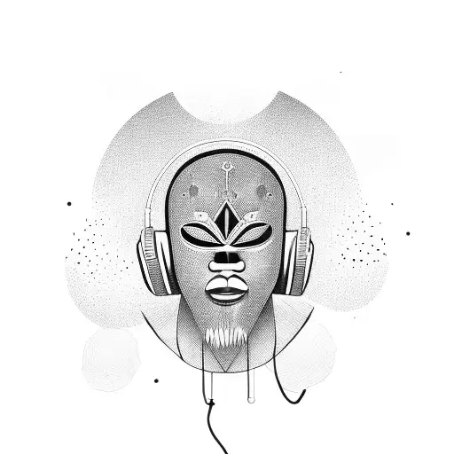 African mask edo with space elements and wearing headphones tattoo design idea