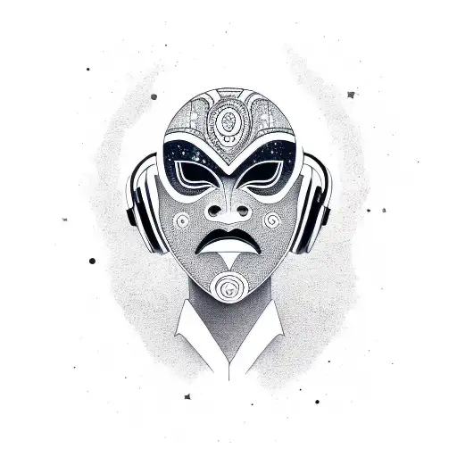 African mask with space elements and wearing headphones tattoo design idea