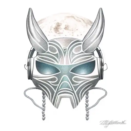 African mask with space elements and wearing headphones tattoo design idea