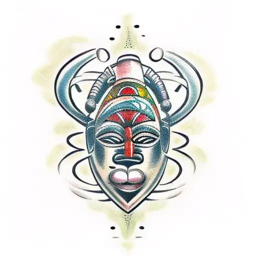 African tribal mask surrounded by musical notes tattoo design idea