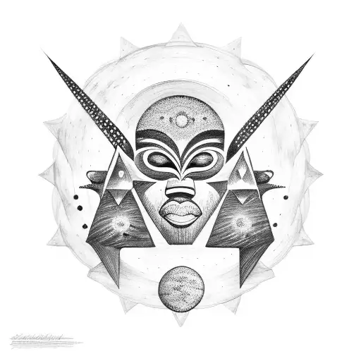 African mask surrounded by celestial objects tattoo design idea