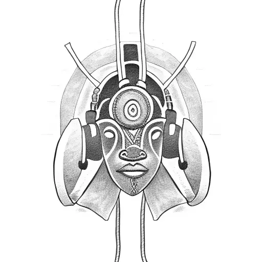 African tribal mask wearing headphones tattoo design idea