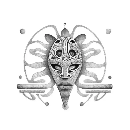 African tribal mask surrounded by musical notes tattoo design idea