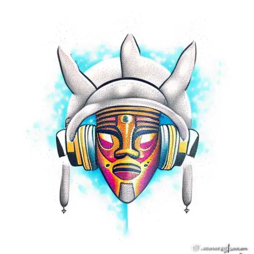 African mask with space elements and wearing headphones tattoo design idea