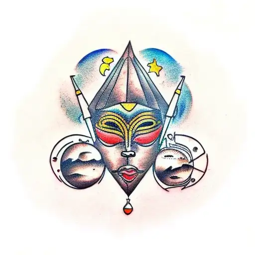 African mask surrounded by celestial objects tattoo design idea