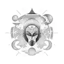 African mask surrounded by celestial objects tattoo design idea
