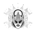 African mask surrounded by celestial objects tattoo design idea