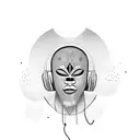 African mask edo with space elements and wearing headphones tattoo design idea