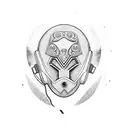 African mask edo with space elements and wearing headphones tattoo design idea