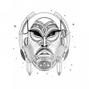 African mask edo with space elements and wearing headphones tattoo design idea