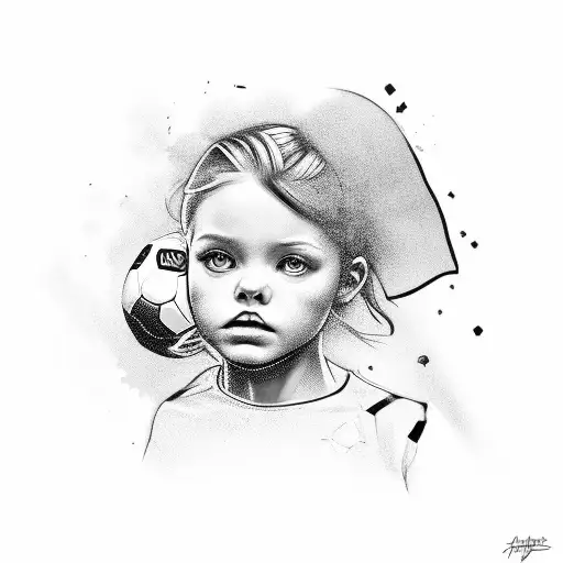 A detailed black-grey portrait of your daughter holding a soccer ball tattoo design idea