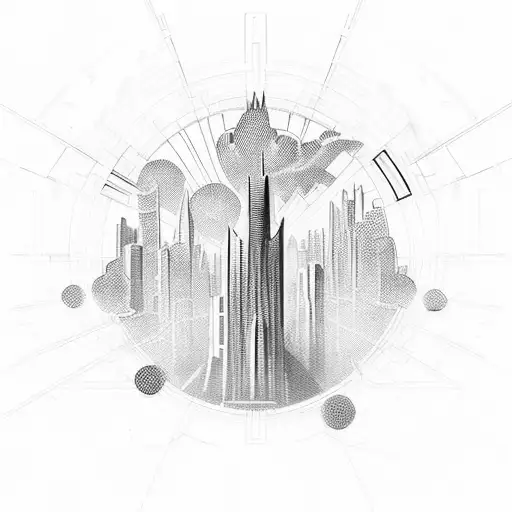Create a tattoo of a futuristic cityscape with neon lights and skyscrapers, inspired by your love for electronic music and your occupation in IT. tattoo design idea
