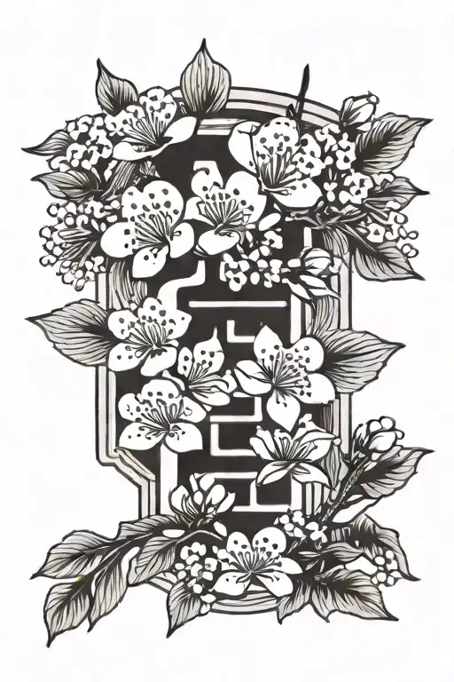 chineses symbol for love, hope, loyalty with cherry blossoms wrapping it  tattoo design idea