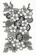 chineses symbol for love, hope, loyalty with cherry blossoms wrapping it  tattoo design idea