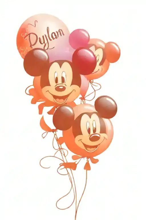 two Mickey Mouse balloons, one red with the name Dylan in the string, one purple with the name Landon in the string tattoo design idea