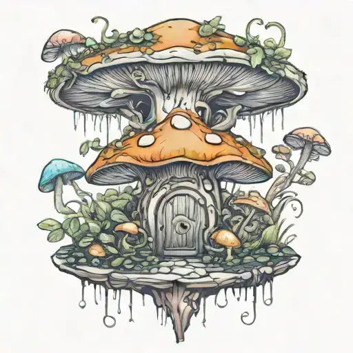 Mystical fairy portal with mushrooms growing like crazy, with scary faces and dizzy eyes tattoo design idea