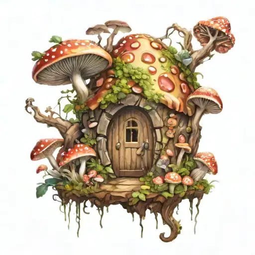 Mystical fairy portal with mushrooms growing like crazy, with scary faces on the mushrooms tattoo design idea