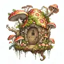 Mystical fairy portal with mushrooms growing like crazy, with scary faces on the mushrooms tattoo design idea