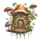 Mystical fairy portal with mushrooms growing like crazy, with scary faces on the mushrooms tattoo design idea