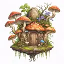 Mystical fairy portal with mushrooms growing like crazy, with scary faces on the mushrooms tattoo design idea