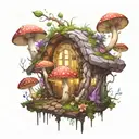 Mystical fairy portal with mushrooms growing like crazy, with scary faces on the mushrooms tattoo design idea