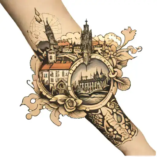 Neo traditional tattoo on the arm, with the historical monuments of the city of Porto tattoo design idea
