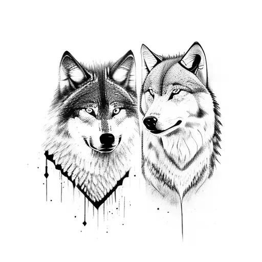 two half wolf faces one angry one calm and sword in between faces tattoo design idea