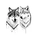 two half wolf faces one angry one calm and sword in between faces tattoo design idea