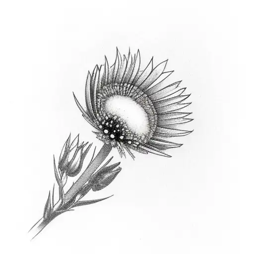 chickadee beside a aster flower with the stem showing, on a men's thigh, scale 1:1 tattoo design idea