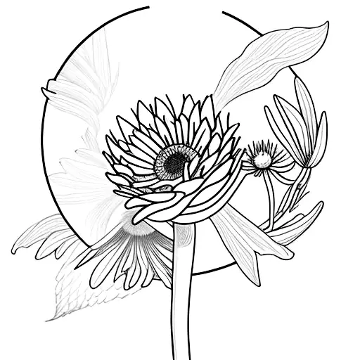 chickadee beside a aster flower with the stem showing, on a men's thigh, scale 1:1 tattoo design idea