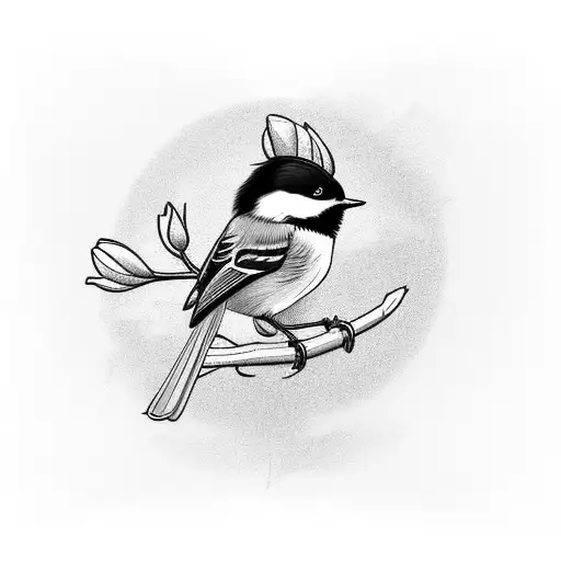 chickadee on a aster flower with the stem showing, on a men's thigh tattoo design idea