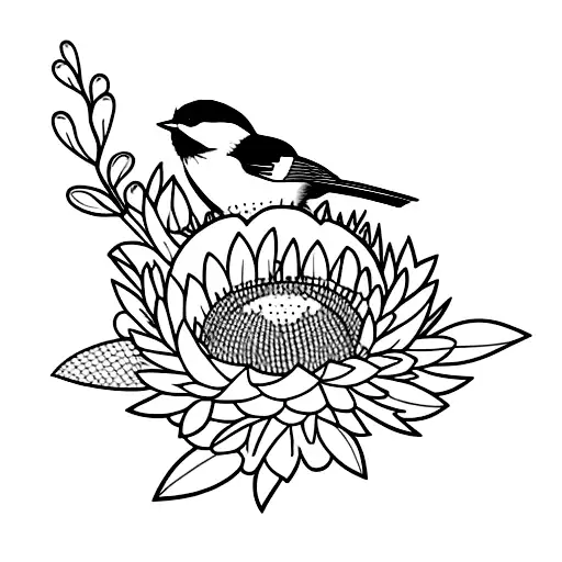 chickadee beside an aster flower to go on the side of a man's thigh tattoo design idea