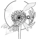 chickadee beside a aster flower with the stem showing, on a men's thigh, scale 1:1 tattoo design idea
