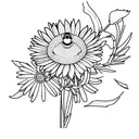 chickadee beside a aster flower with the stem showing, on a men's thigh, scale 1:1 tattoo design idea