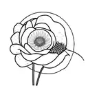 chickadee beside a aster flower with the stem showing, on a men's thigh, scale 1:1 tattoo design idea