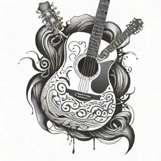 A surreal design of a guitar merging with a heartbeat line, honoring your brother's memory tattoo design idea