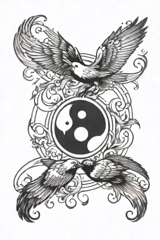A yin yang symbol with birds flying in opposite directions, symbolizing balance and freedom tattoo design idea