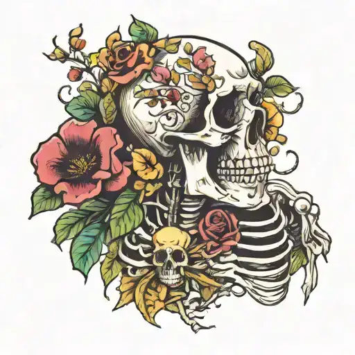 skeleton with flowers and leaves and mushrooms tattoo design idea
