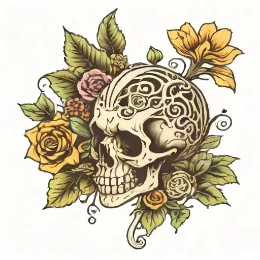 skeleton with flowers and leaves and mushrooms growing tattoo design idea