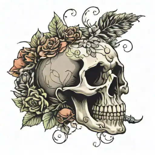 skeleton with flowers and leaves and mushrooms tattoo design idea