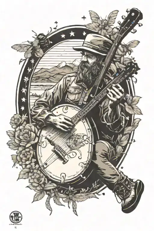 Create a tattoo of a banjo player surrounded by bees, with the Appalachian mountains in the background tattoo design idea