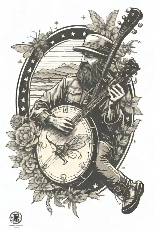banjo crossed with a broken sword with bees flying around them in front of mountains tattoo design idea