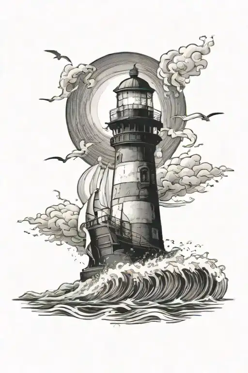 lighthouse in the storm ship below the waves crashing tattoo design idea