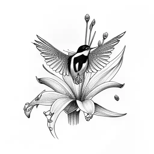 goldfinches, meadowlark, hummingbirds and lily of the calley tattoo design idea