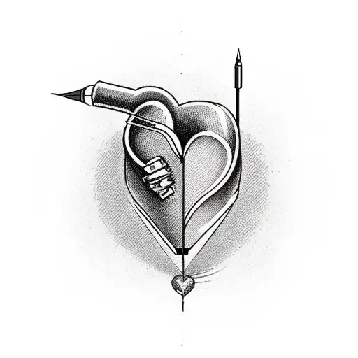 A finger tattoo of a sewing needle piercing through a heart, with a straight line representing the thread tattoo design idea