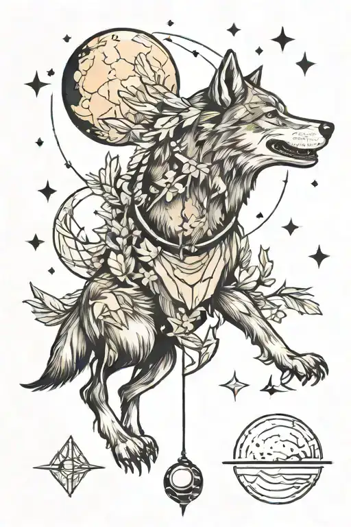 Wolf Planets Cicada Crescent moon  Constellation  Mountain  Pines Caravan Arrows Heart Music Home Pulse  Connection  tattoo design idea